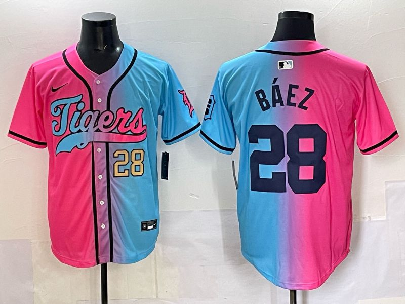Men 2025 Detroit Tigers 28 Baez Blue pink Game Nike MLB Jersey style 03